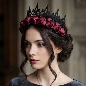 Midnight Rose Gothic Crown – Ornate Black Lace & Crimson Satin Rose Headband